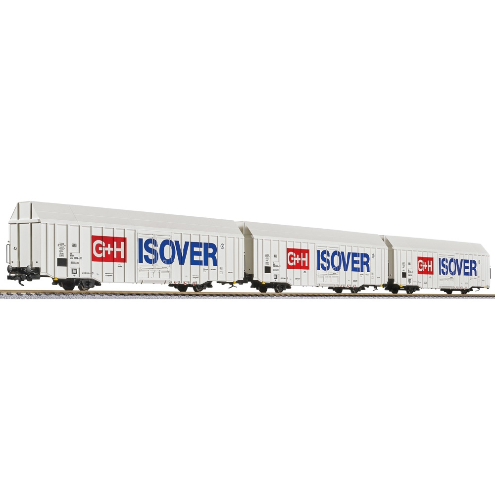 3-unit set, large goods wagon, Hbbks, DB, "G+H ISOVER", Ep.V (lang)